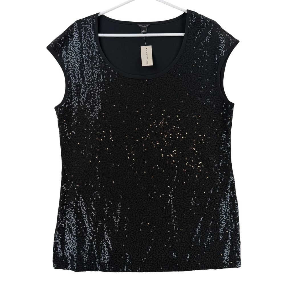 Ann Taylor Tank Top Womens XL Black Sequin Scoop Neck Sleeveless NWT